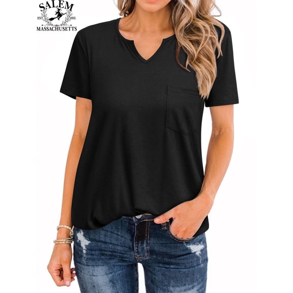 Women Solid Color V Neck Short Sleeve T-Shirt with Pocket