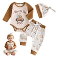 thumbnail image 2 of Karoyedx Baby Boys Winter Outfits Newborn Infant Baby Boys Clothes Set New to the Zoo Romper Bodysuit Pants Hat 3Pcs Outfits Beige Size,12-18 Months, 2 of 9