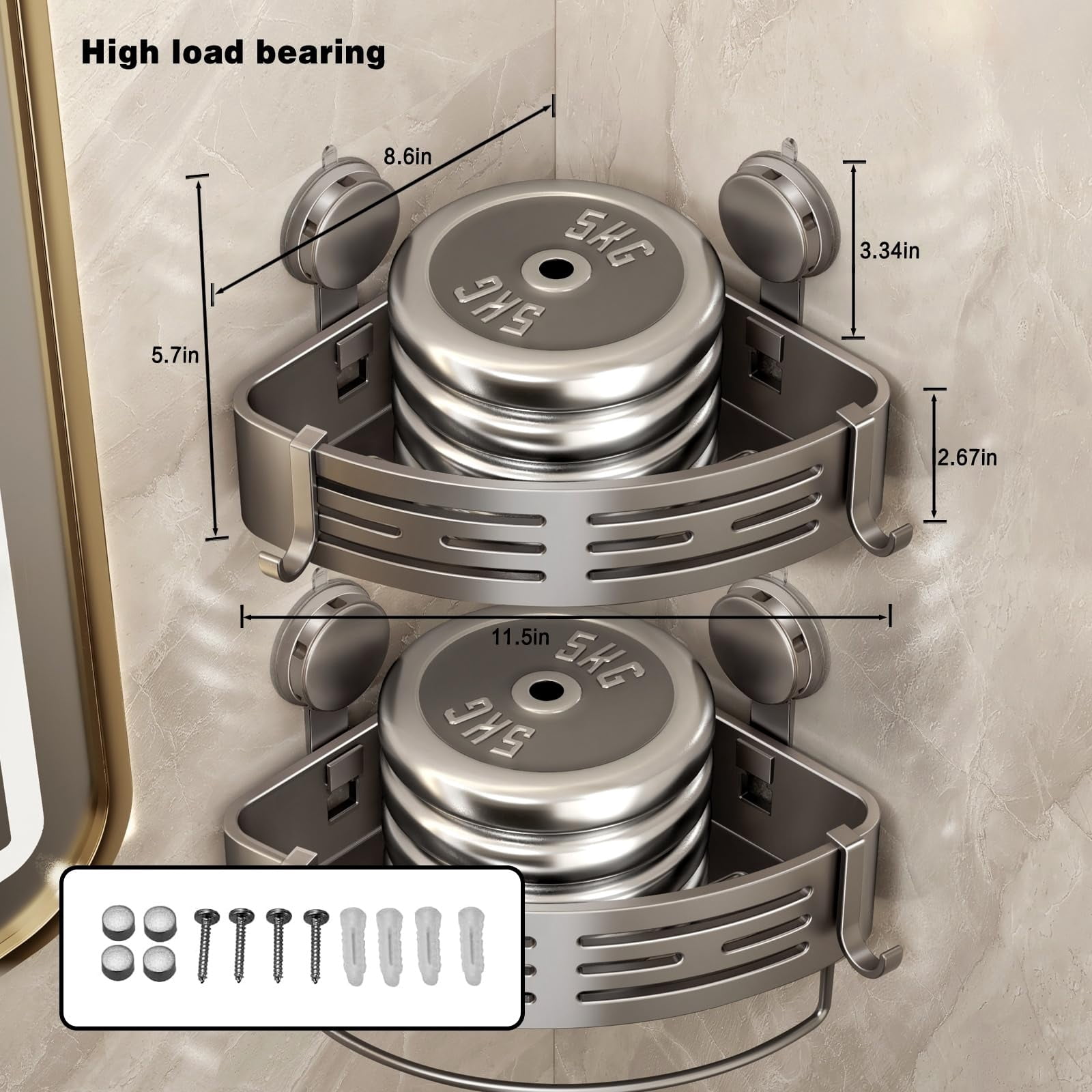 No-Drill Bathroom Corner Shelf Suction Cup Shower Organizer with Towel Bar and Hooks, Durable Corner Shower Shelves Suction Cup for Shampoo Storage in Bathroom Shower