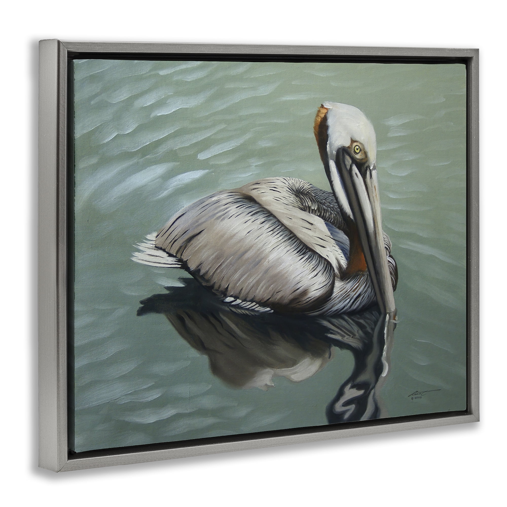Stupell Industries Pelican Lake Reflection Animals & Insects Painting Gray Floater Framed Canvas Art Print Wall Art, 31 x 25