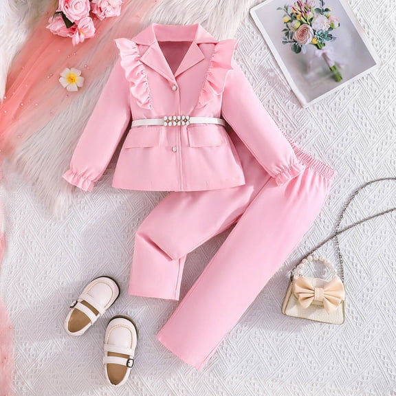 Elegant Girls Autumn Winter Outfits Long Sleeve Top with Belt and Ruffled Jacket Trousers for Toddler Fashion
