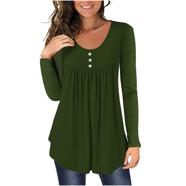 FAIWAD Womens Long Sleeve Tunic Tops Slim Round Neck Buttons Basic Pleated Patchwork Pullover Top
