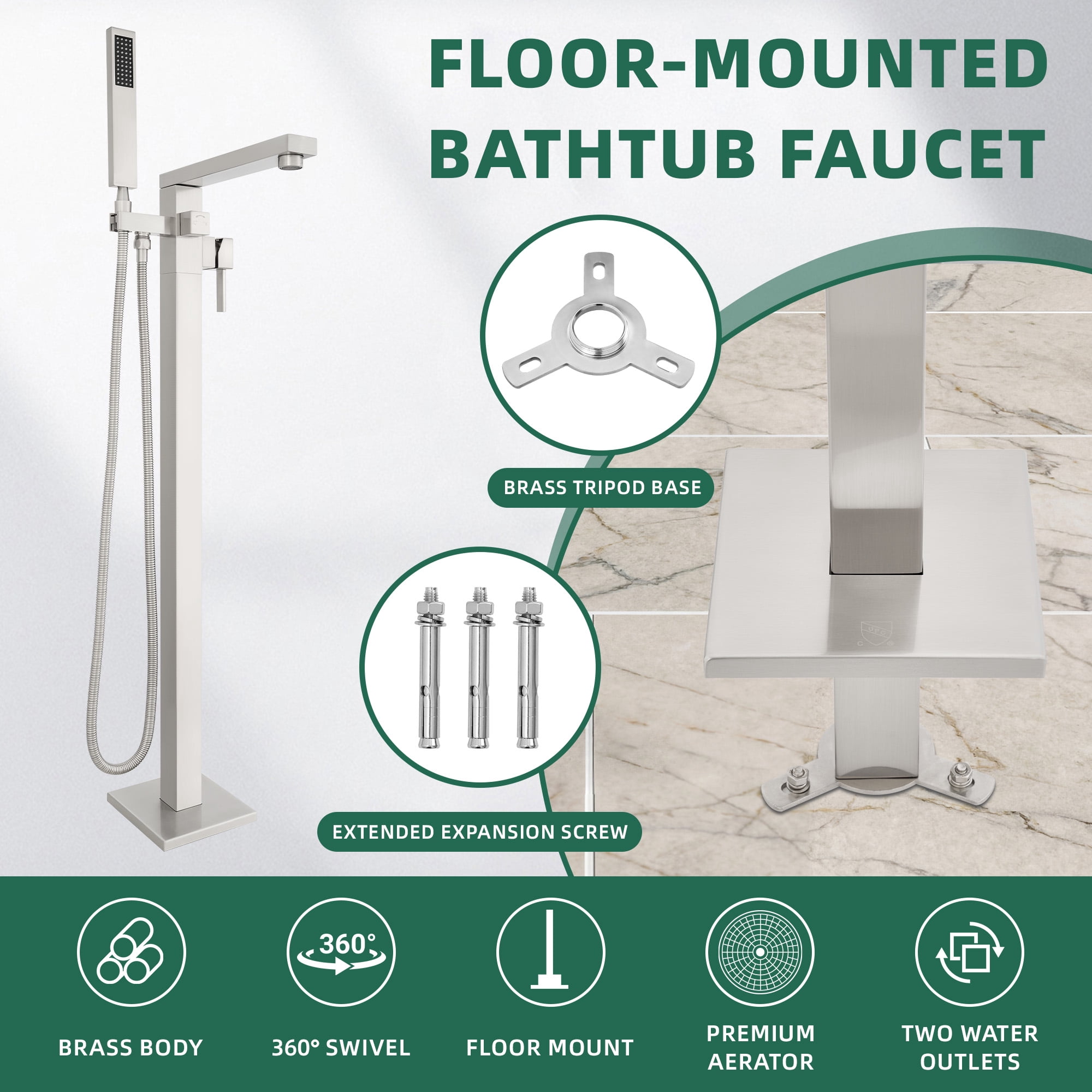 Free Standing Tub Faucet, 360°Swivel High Flow Freestanding Bathtub Faucet with Handheld Shower, Brass Body Tub Filler for Modern Bathroom, Brushed Nickel