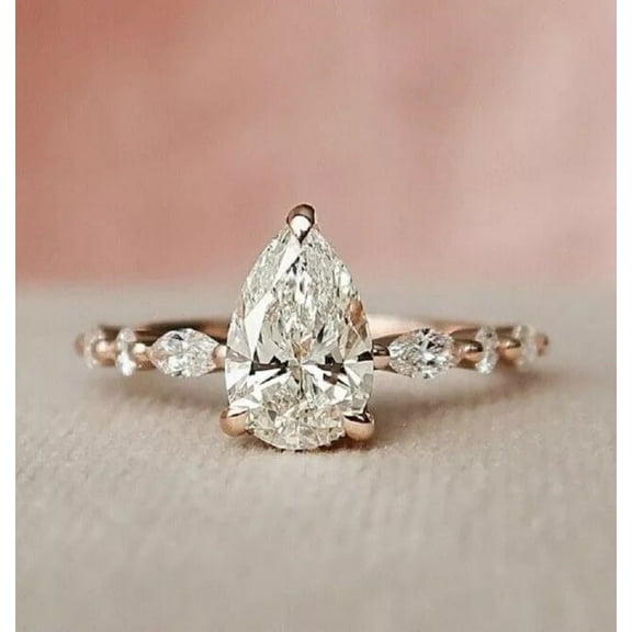 Modernist 2 Ct Pear Cut Moissanite Diamond Women's Engagement Ring 14K Rose Gold Plated Comfort Fit Bridal Ring Promise Ring
