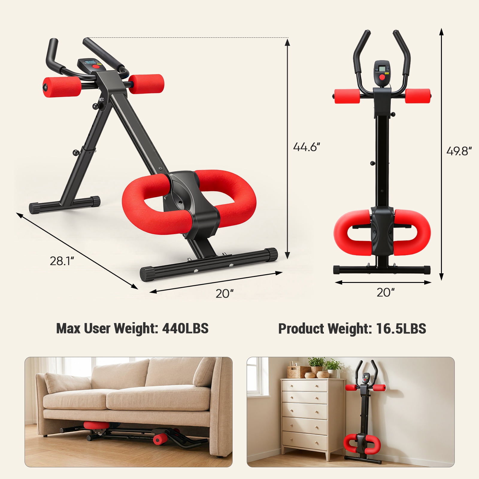 SHOUFTW Adjustable Ab Machine for Home Gym, Foldable Ab Workout Equipment with Knee Protection & LCD Monitor, Core & Stomach Trainer, Black Red