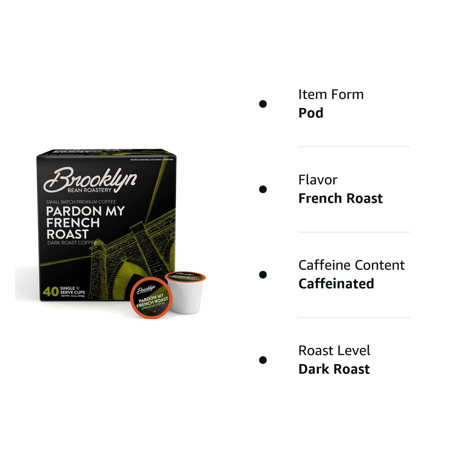 Brooklyn Bean Roastery French Roast Coffee Pods for Single-Serve Coffee Brewers, 40-Pack