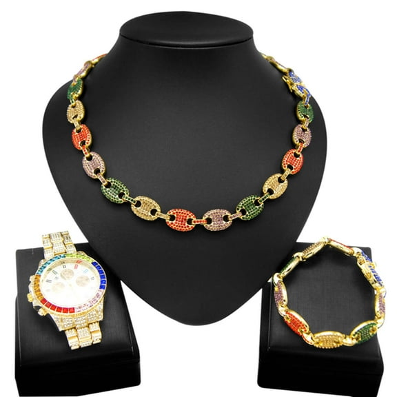 Puff Mariner Colors, Hip Hop Mixed Piece Jewelry Sets, Gold Plated, Necklace, Bracelet, Watch, 8