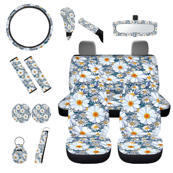 Jeiento Daisy Car Seat Covers Set of 14 Pcs, Auto Steering Wheel Cover Seatbelt Pad Handbrake Cover Set Rearview Mirror Cover Coasters Keychains Universal Car Interior Protector Accessory