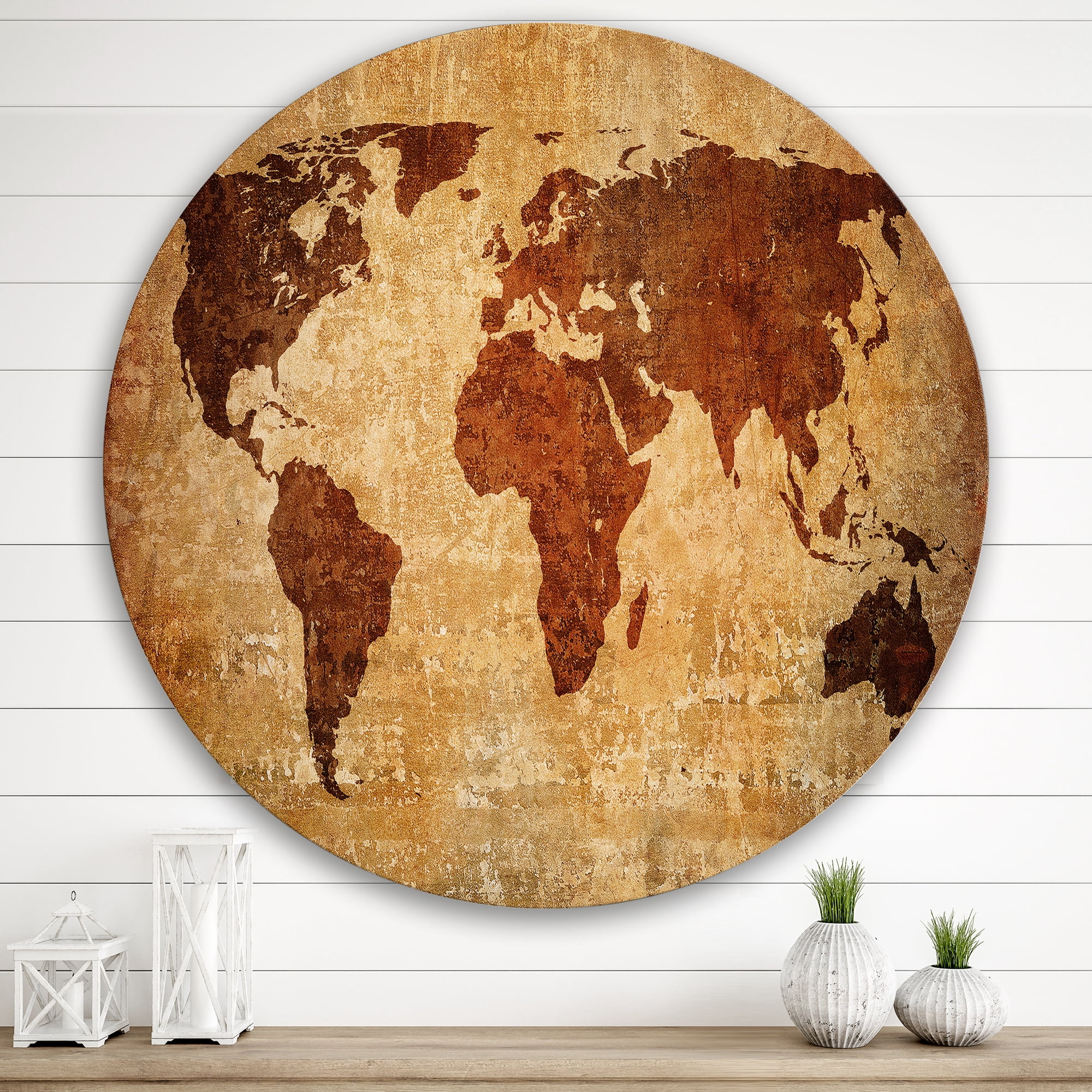 Designart 'Ancient World Map XI' Vintage Circle Metal Wall Art 36x36 - Disc of 36