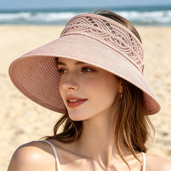 2026 New Sun Hats for Women Wide Brim Roll-Up Beach Ponytail Hat Packable Foldable Travel Straw Visor (Pink)