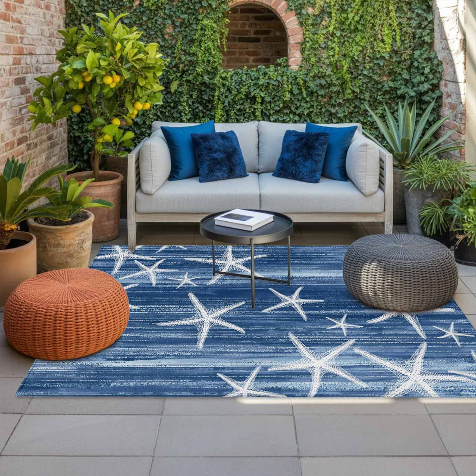 Navy Blue Coastal Outdoor Rug for Patio/Deck/Porch, Non-Slip Large Area Rug 6 x 9 Ft, Summer Ocean Waves Ombre Sea Starfish Indoor Outdoor Rugs Washable Area Rugs, Camping Rug Carpet Runner