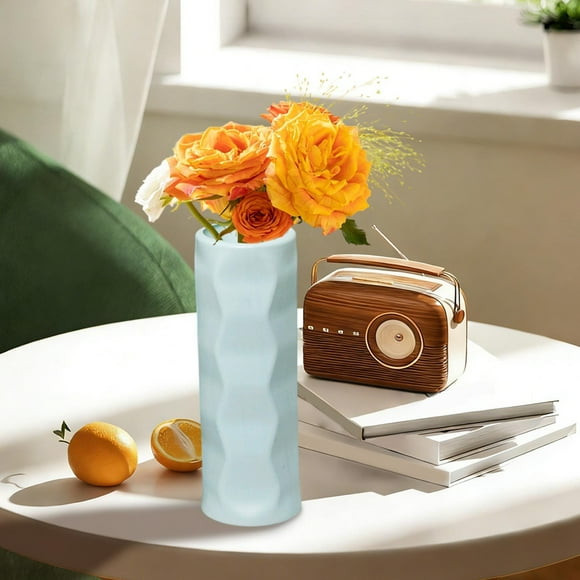 Jarrón decorativo de plástico para flores | Diseño geométrico moderno | Acabado imitación ratán y porcelana | Decoración versátil para el hogar y la oficina | 19 cm de alto