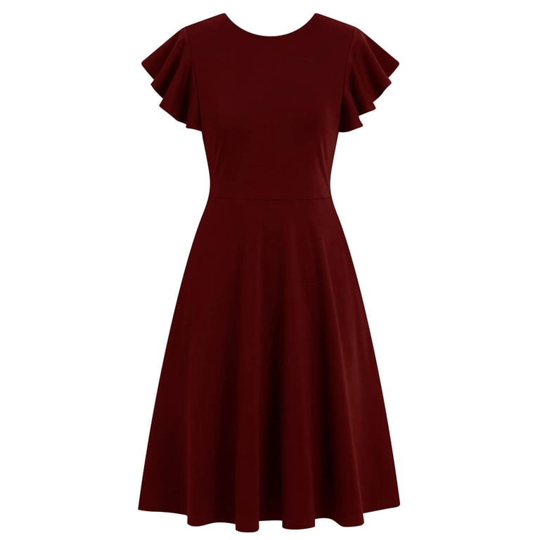 WHLBF Women's Peplum Hem Midi Dress Short Sleeve Round Neck Solid Color Casual Dresses Red M, Size: Medium WHLBF Women's Peplum Hem Midi Dress Short Sleeve Round Neck Solid Color Casual Dresses Red M, Size: Medium