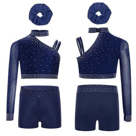 Sholeno Girls Athletic Workout Suit Gymnastics Crop Top with Shorts Hairband Dance Tumbling Outfit Navy Blue 12