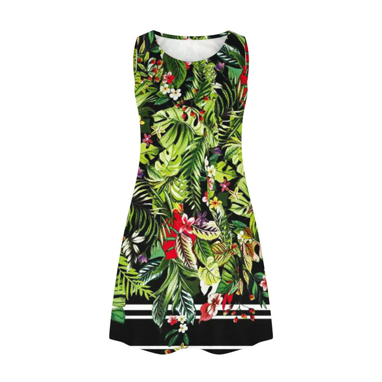 Winter Sleeveless Tank Dress for Women O-Neck Leaf Printed Short Dresses  with Pockets Comfy Loose-Fit Lounge Mini Dress