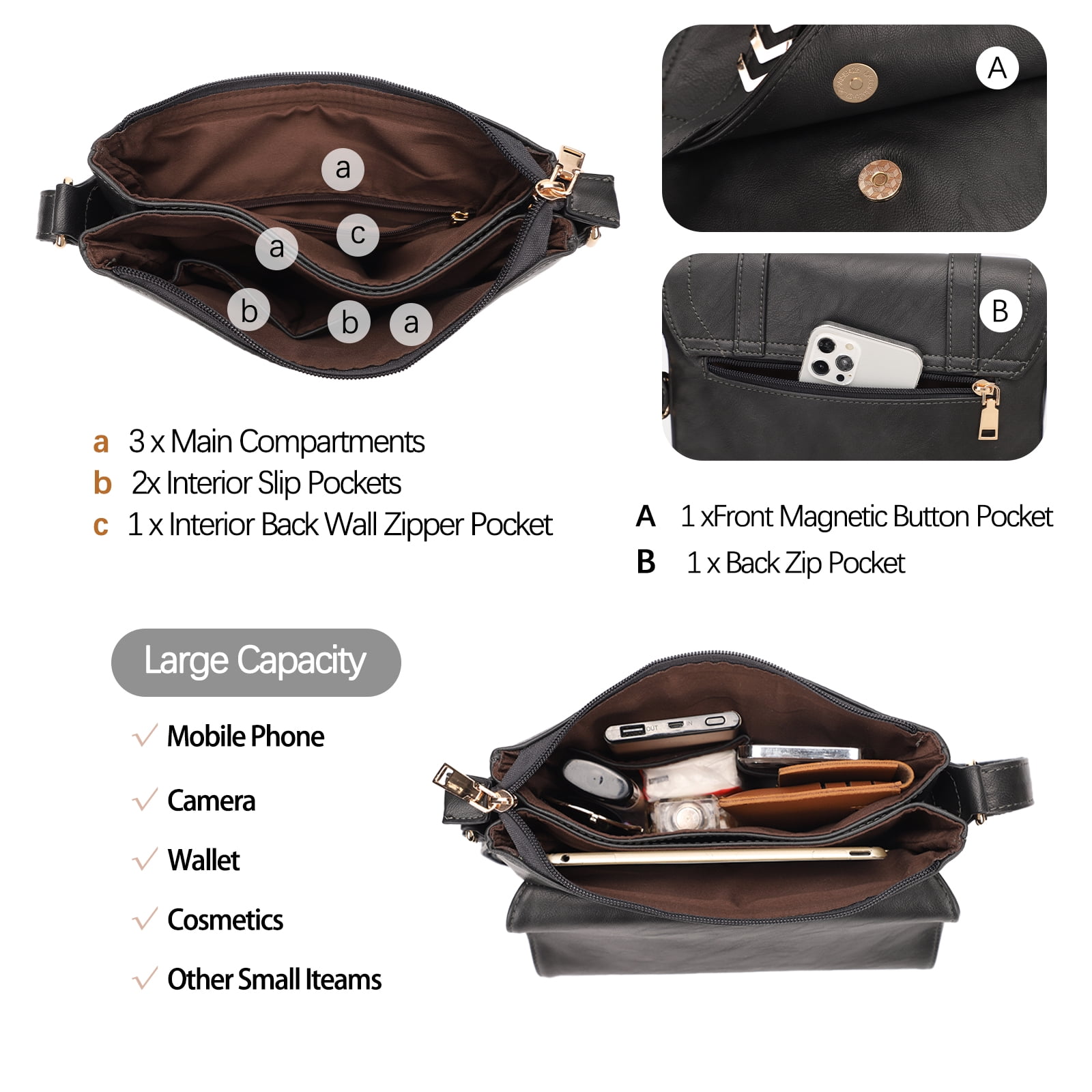KL928 Crossbody Bags for Women Soft FAUX Leather Wallet Purses Adjustable Strap Medium Shoulder Handbags
