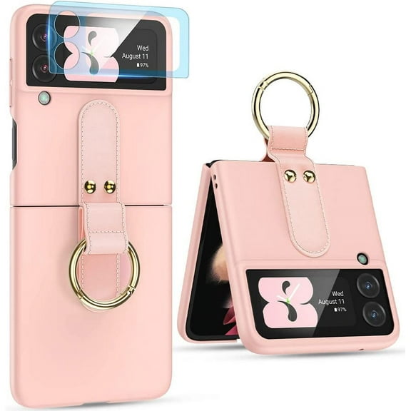 Galaxy Z Flip 3 Case for Women Girls, Ultra Slim Case with Ring Holder & Camera Screen Protector, Matte PC Protective Case Cover for Samsung Galaxy Z Flip 3 5G (2021) - Pink