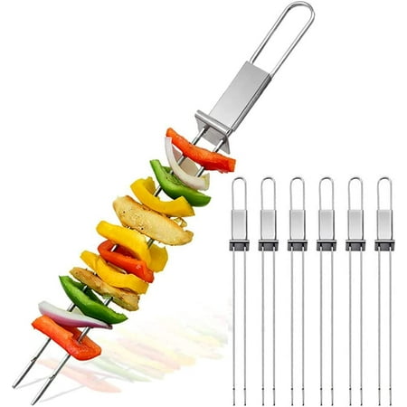 

Barbecue Skewers 13 Stainless Steel Grilling Skewers with Push Bar Reusable Metal Double Pronged Shish Kabob Skewers Sticks Quick Release Meat Skewer Tool 6-Pack