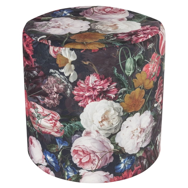 Gouchee Home Fiore Round Velvet Pouf – 20” x 20”, a round velvet ottoman with a digitally printed floral design in pink, white, yellow, and blue on a dark background, filled with high-density polystyrene beads for comfort and durability, suitable as a footrest, seat, or accent piece in living rooms or bedrooms.