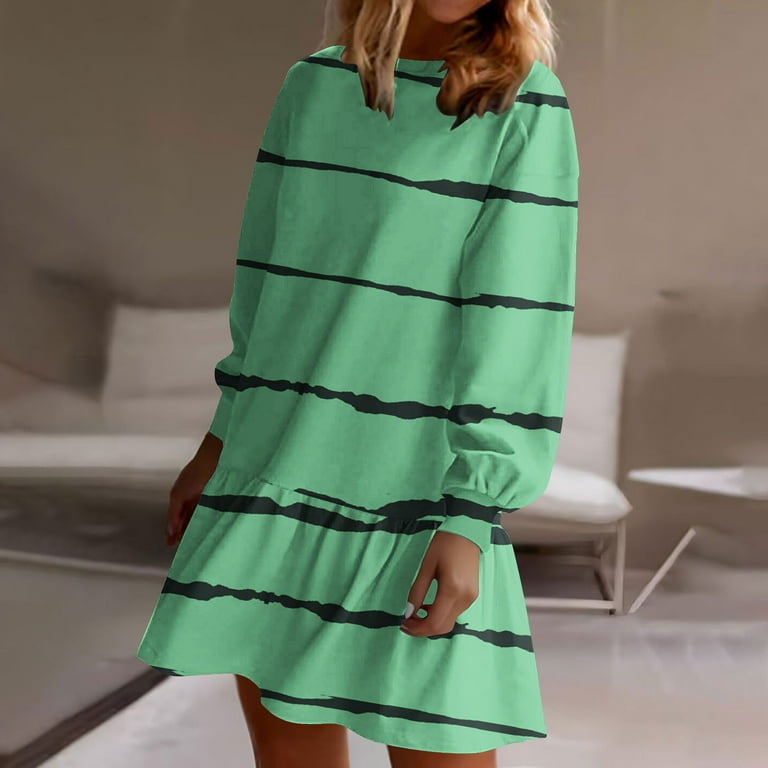SMihono Fashion Spring Dresses for Women 2025 Long Sleeve Crewneck Shift  Dress Plus Size Loose Fit Short Dress Striped Flowy Dress Green 8 -  Walmart.com