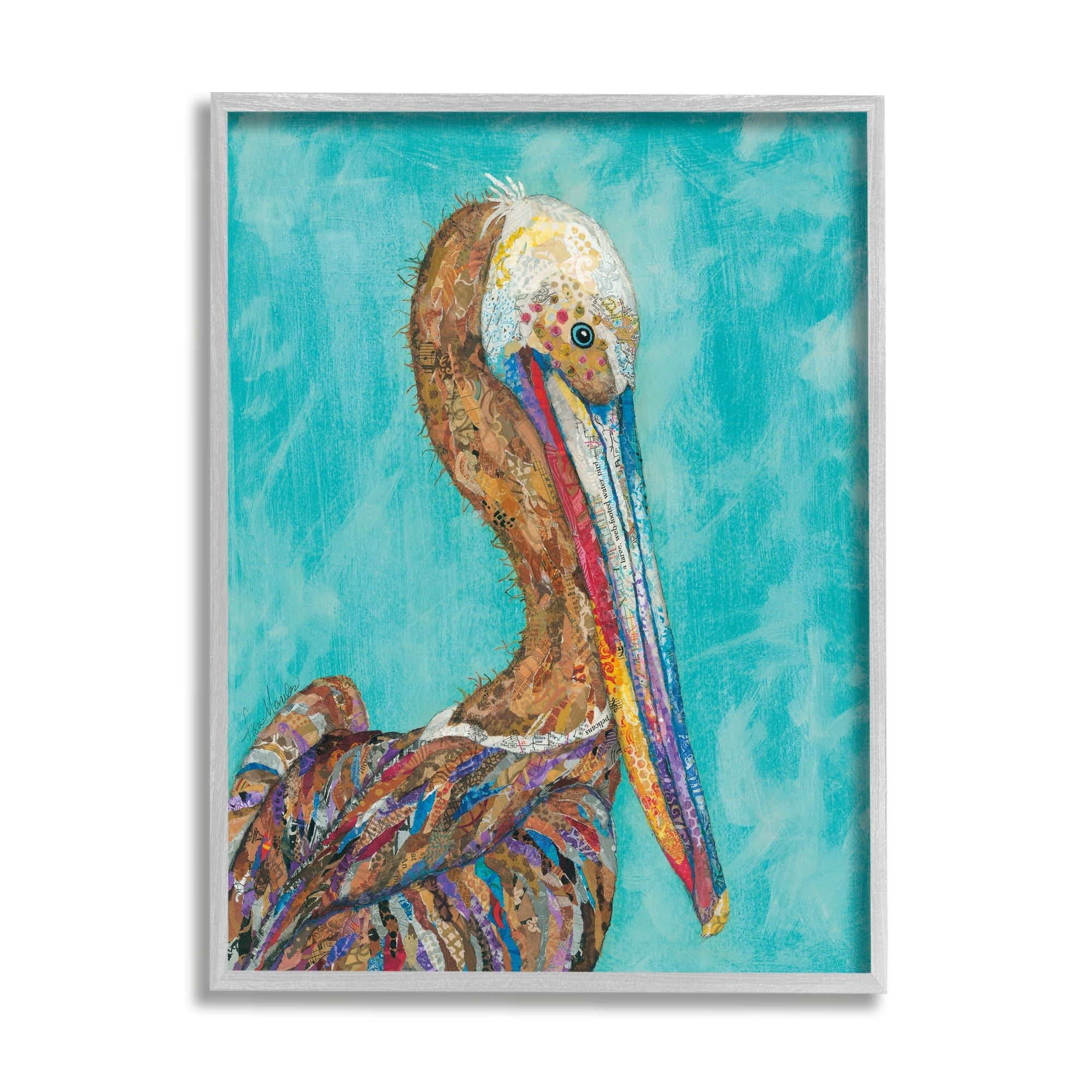 Stupell Industries Beautiful Pelican Bird Vivid Collaged Patterns Design Painting Gray Framed Art Print Wall Art, Design by Lisa Morales