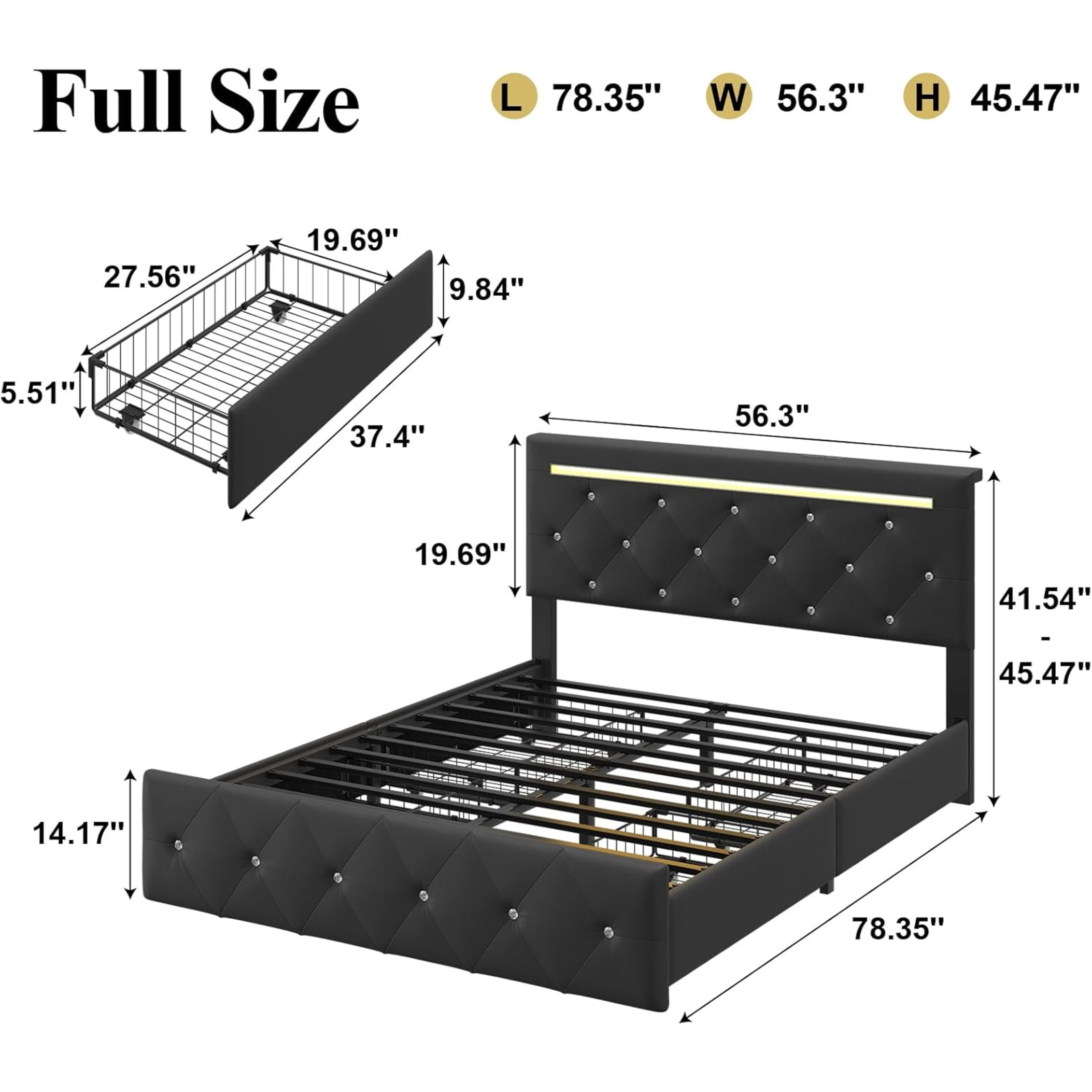 Noble House Quinci Full Bed Frame with LED Light and Adjustable Headboard, Storage Drawers & Charging Station, Black
