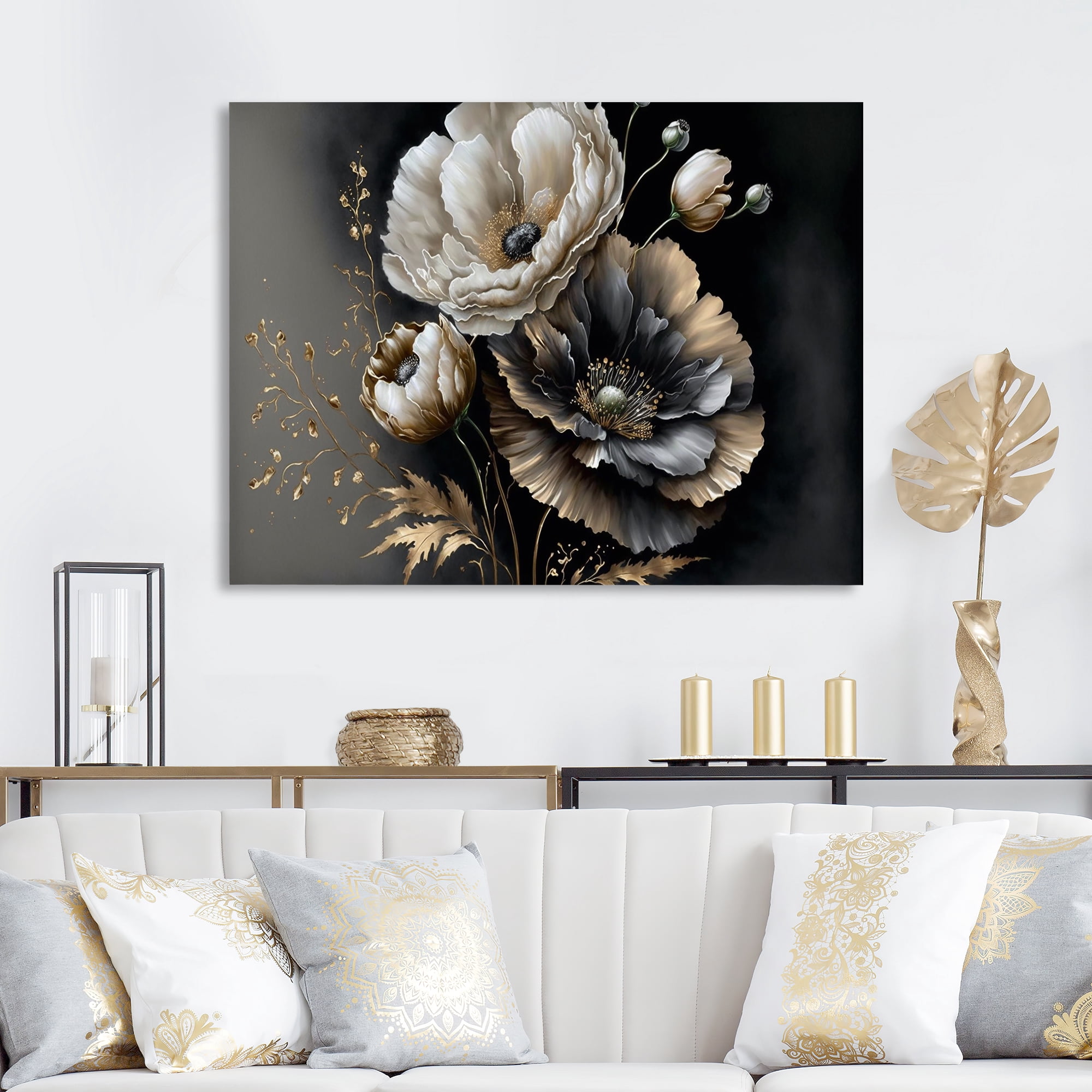 Designart Grey Gold Flower Bouquet III Canvas Wall Art