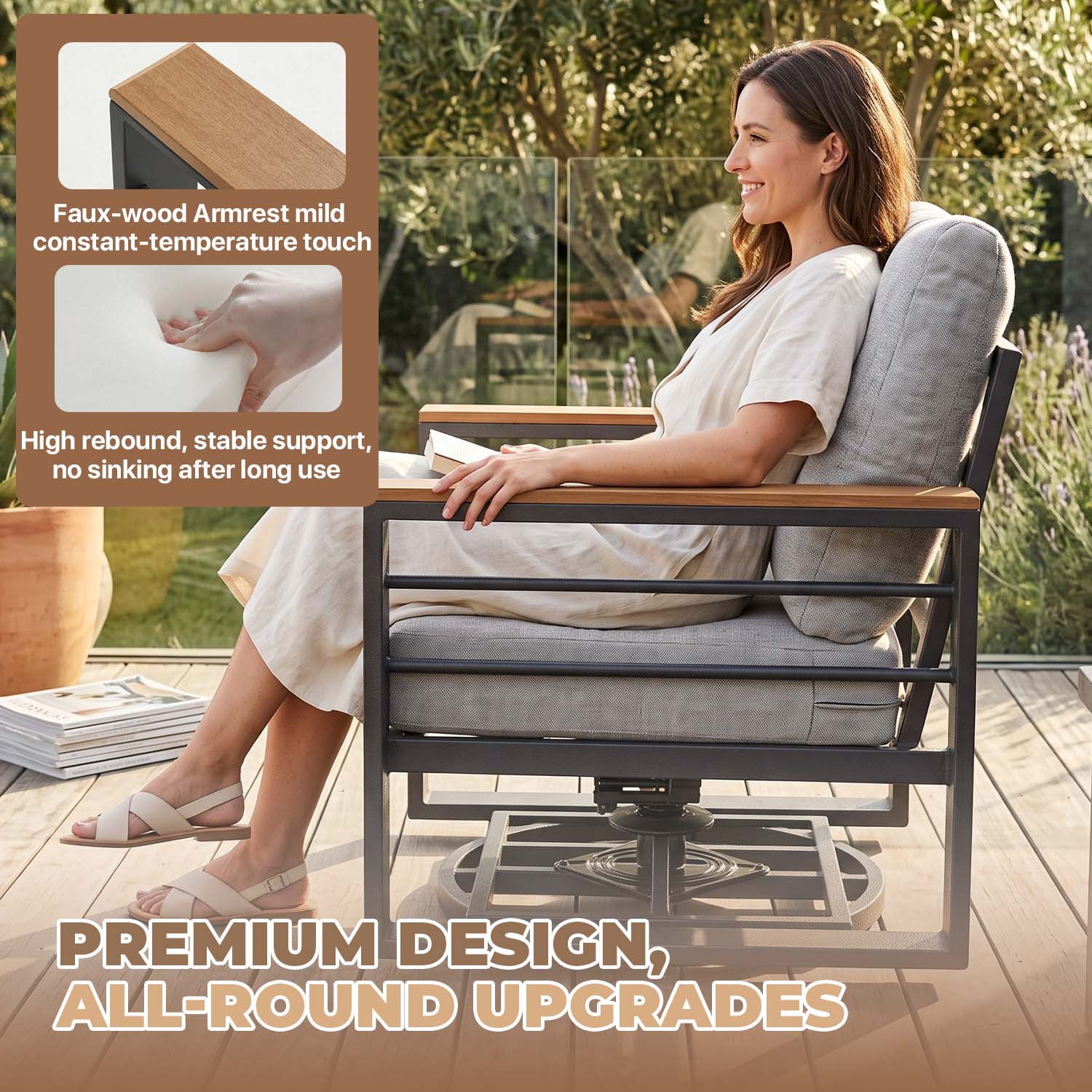 BaPiPro 2PCS Outdoor Swivel Patio Chairs, All Aluminum Frame with Wood-Look Armrest, 24 Inch Extra Wide Seat Fade Resistant Cushioned Single Sofa Chairs for Backyard Pool, Light Gray