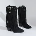 thumbnail image 6 of Women Fringe Knee High Boots Rhinestone Cowgirl Cowboy Boots Chunky Heel Knee High Boots Calf Tassel Western Boots, 6 of 7
