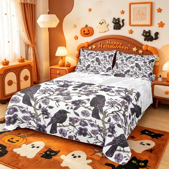 Manfei Halloween Bat Pattern Halloween Bed Sheets,Thanksgiving Pumpkin Print Full Size Sheets,4-Piece,1 Flat Sheet,1 Fitted Sheet and 2 Pillowcases