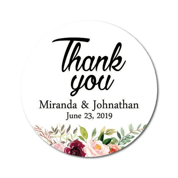 Darling Souvenir Round 45 Pieces Peony Floral Thank You Stickers Personalized Bride Groom Names And Date Envelope Seals-White