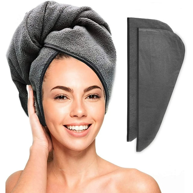 Toalla de Microfibra Scala para el Cabello Estilo Turbante Antiespumante Súper Absorbente Secado Rápido Gris Paquete de 2