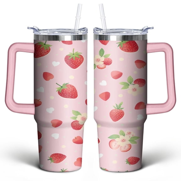 Strawberry Fruit 30 Oz Tumbler with Handle Lid and Straw, Stainless Steel Double Walled Vacuum Insulated Cup, Cute Anniversary Wedding Birthday Gifts Tumbler for Women Men Friends Outdoor Indoor