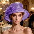 thumbnail image 5 of Women Organza Church Hat Floral Wide Brim Fascinator Derby Hat Wide Brim Sun Hats Wedding Tea Party Derby Occasions Purple Free Size, 5 of 6
