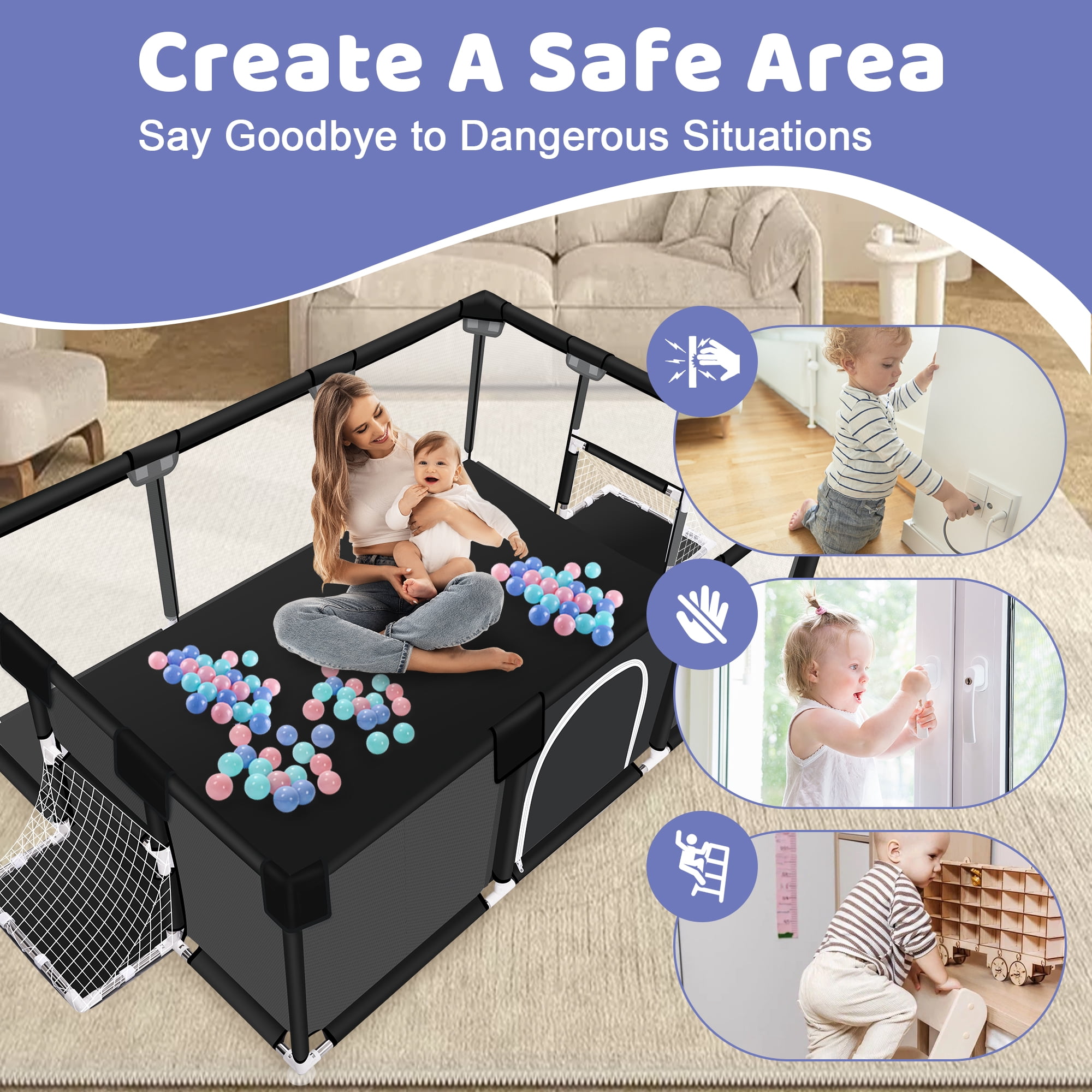 Baby Playpen, HDJ 71 inch Extra Large Baby Play Yard with Soft Breathable Mesh, Play Fence for Infant and Toddlers, Anti-Slip Base, Black