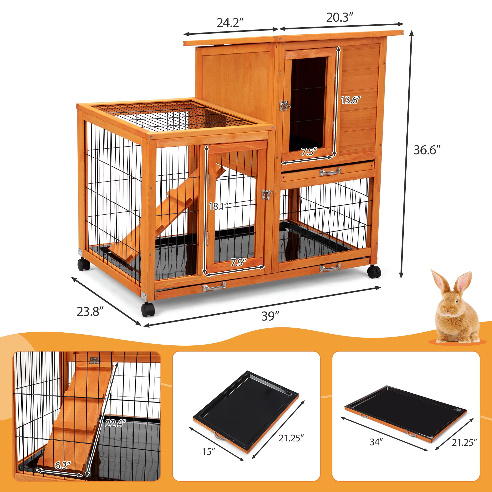 COZIWOW Wooden Rabbit Hutch Hamster Habitat Bunny House Outdoor w/ 4 Casters 2 Cleaning Trays