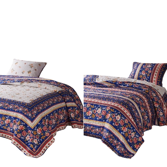 Loir 2 Piece Twin Quilt Set with Floral Print, Multicolor- Saltoro Sherpi