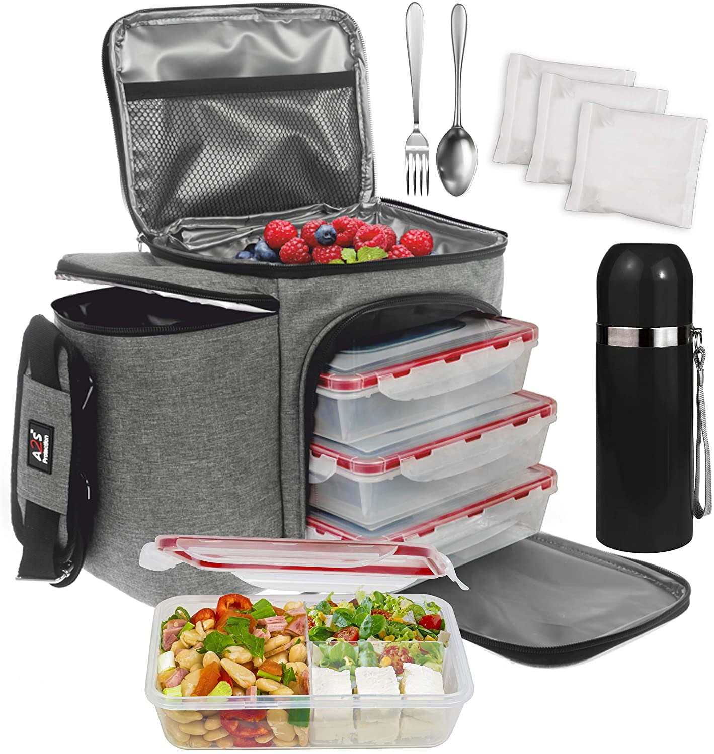 A2S Complete Meal Prep Lunch Box - 8 Pcs Set: Cooler Bag 3x Portion ...