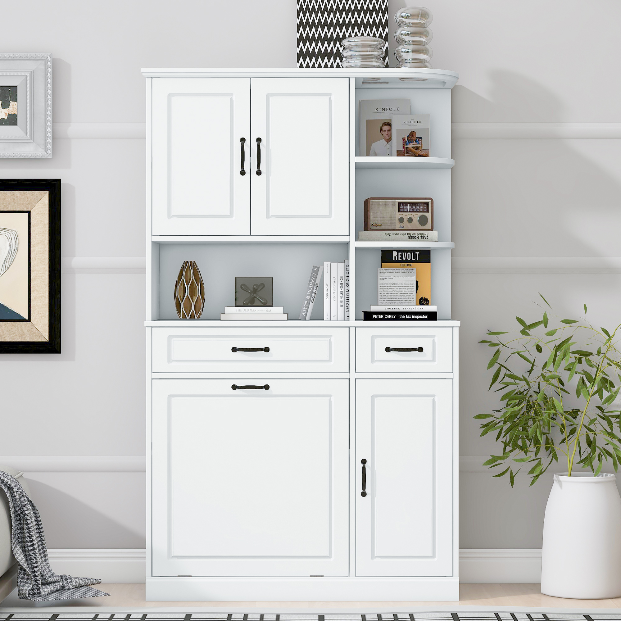 Euroco Tall Freestanding Storage Cabinet with Drawers and Doors, Adjustable Shelves, Flip Drawer Design, Modern Organizer Cabinet for Bathroom, Living Room, or Office, White MDF Cabinet