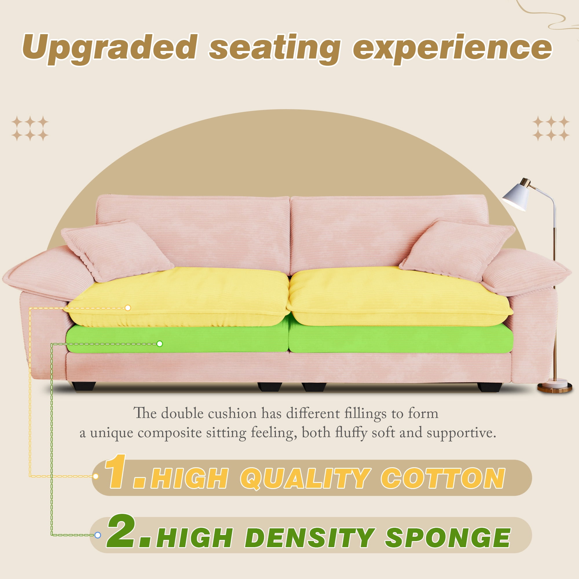 Muumblus 80.5" Corduroy Loveseat Sofa, Oversized Upholstered 2-Seater Fluffy Cloud Sleeper Couch for Living Room/Apt, Pink