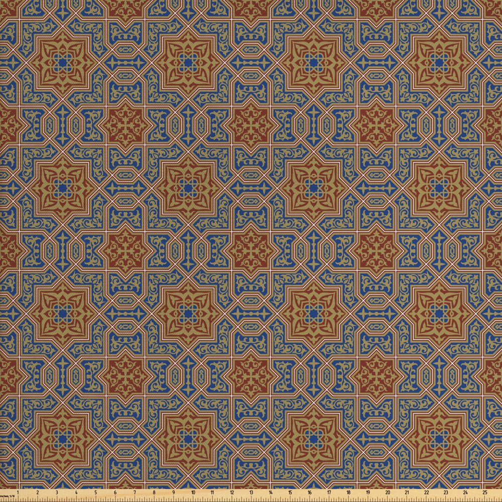 Moroccan Fabric by The Yard, Traditional Design Tile with Geometric Floral Motifs Curly Details