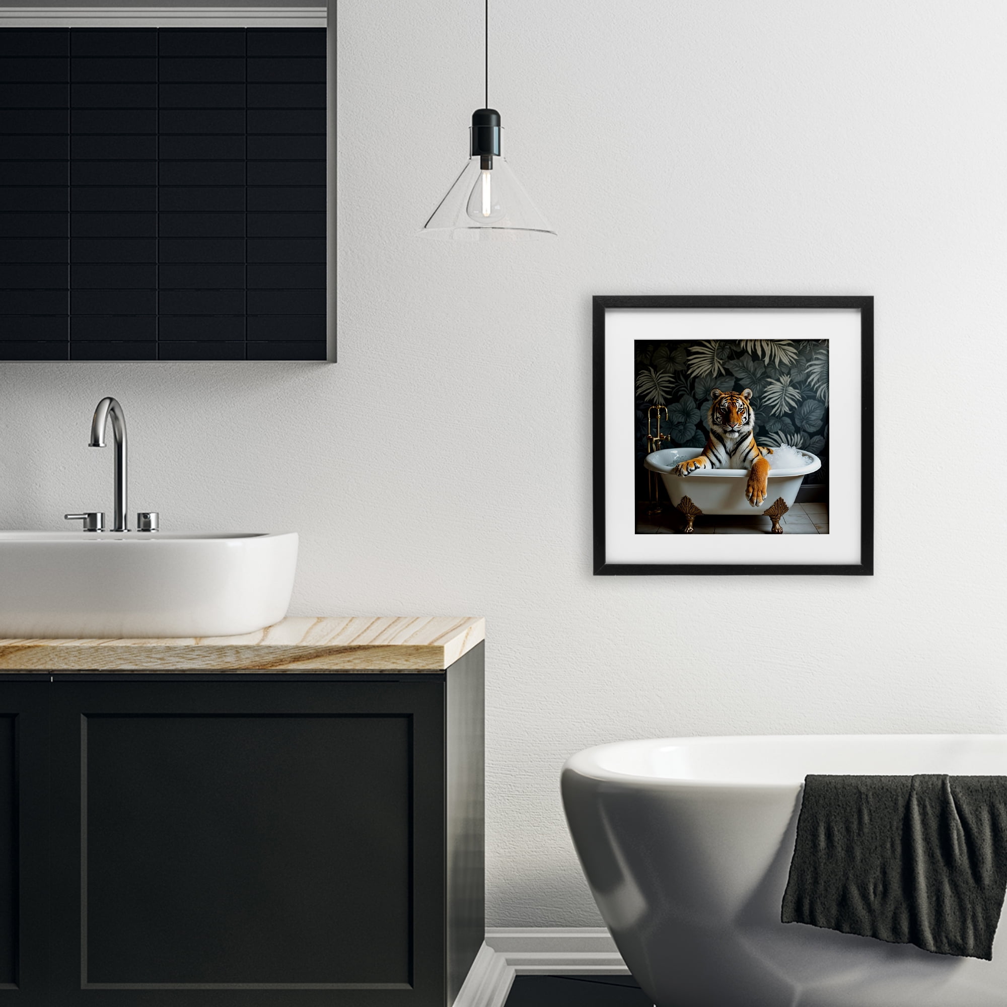 Tiger in Exotic Bubble Bath Black Framed Print Under Glass, design by Lettered and Lined