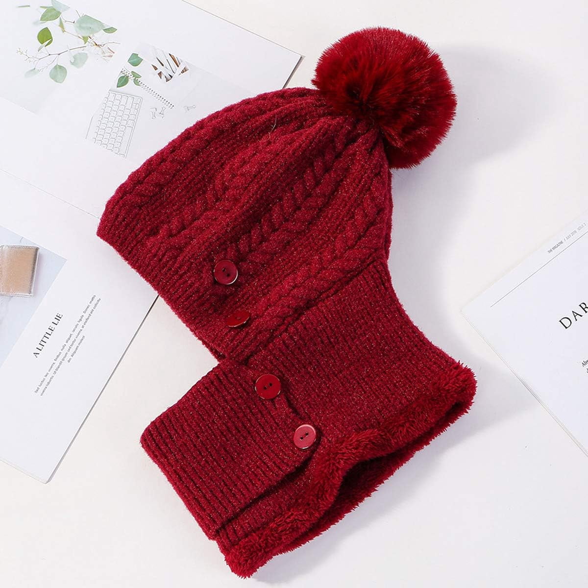 Zhengup Women Winter Beanie Hats One Piece Fleece Lined Knit Balaclavas Mask Set Skull Neck Circle Scarf Ski Snow Hat Pompom