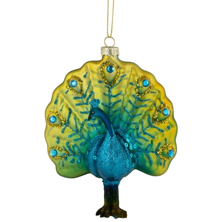 4.75" Glittered Blue and Gold Peacock Glass Christmas Ornament