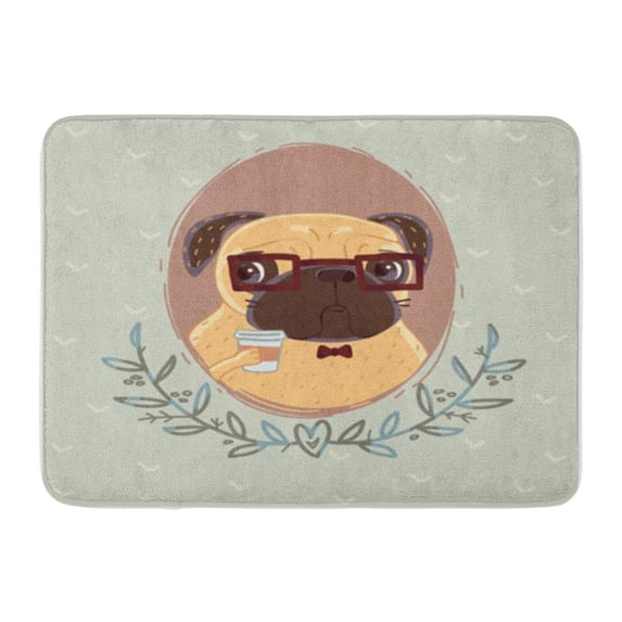 SIDONKU Brown Pug Hipster Cup of Coffee Bear Bow Doormat Floor Rug Bath Mat 30x18 inch