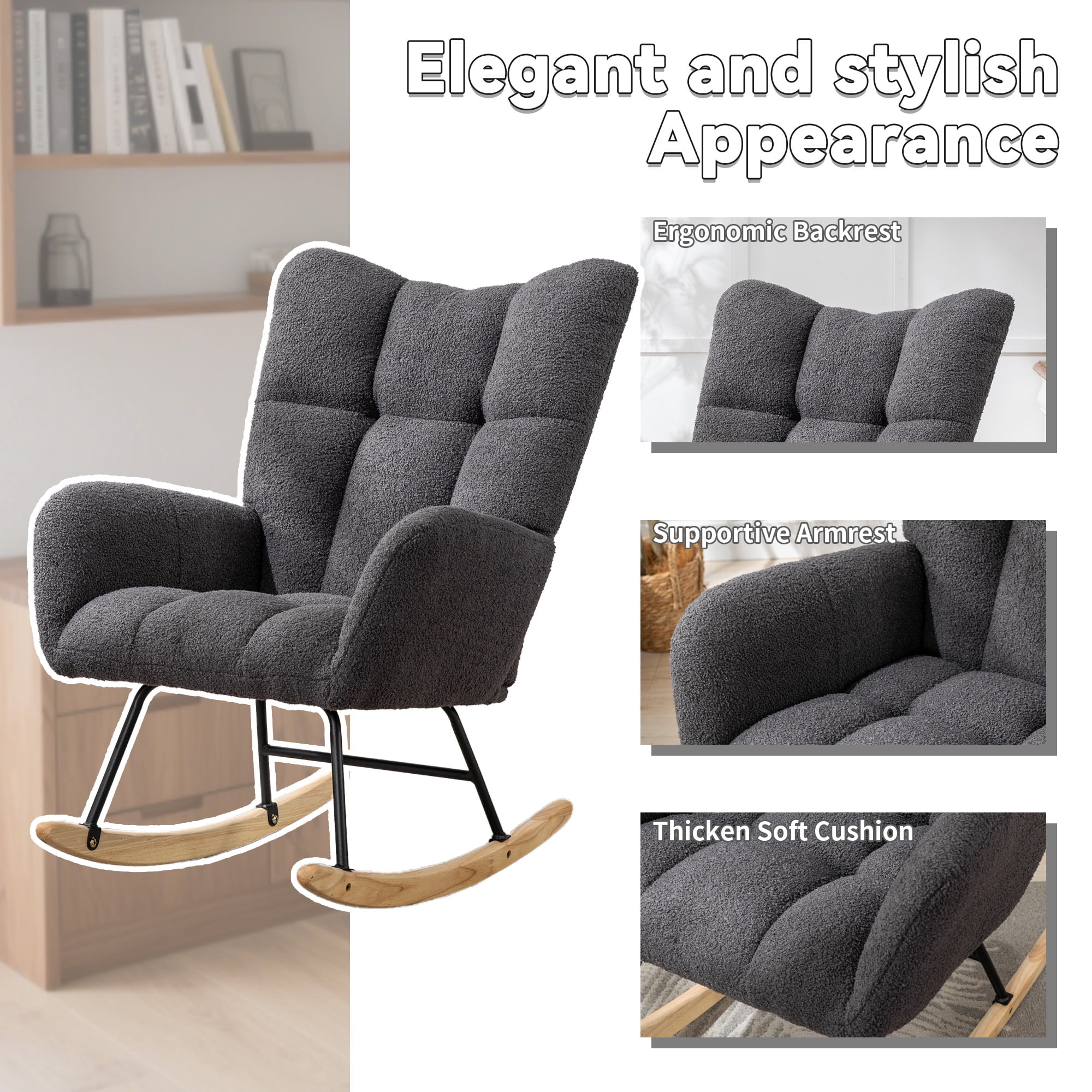 Teddy Fabric Wingback Glider Rocker with Side Storage Pocket, Soft Comfy Nursing Rocking Chair, Sturdy Safe Solid Wood Base, Multiuse Accent Chair for Nursery & Living Room,Grey