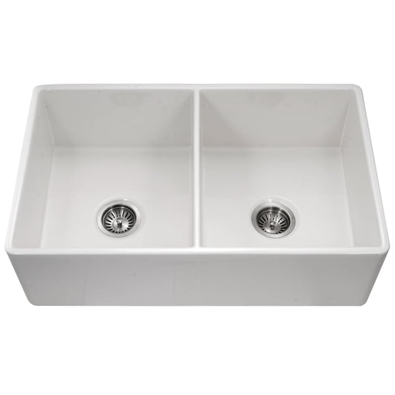 Houzer Platus 33 inch White Fireclay Apron Front Farmhouse 50/50 Double Bowl Kitchen Sink PTD-4400 WH
