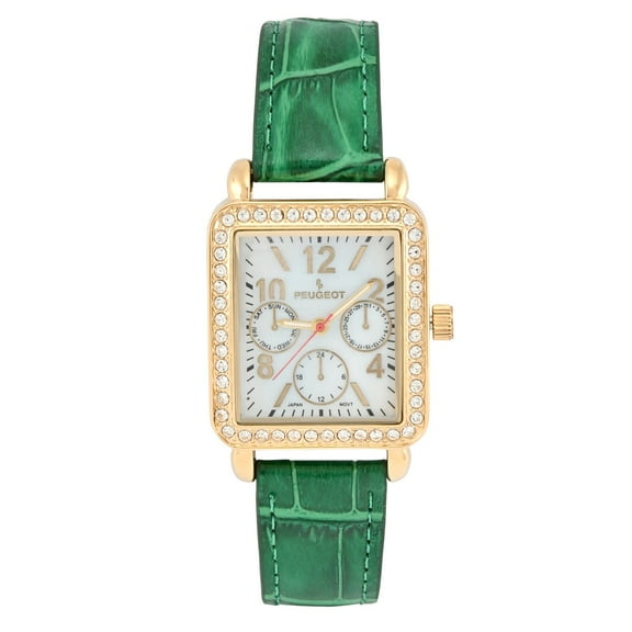 Peugeot Women's 14K Gold Plated Square Dress Watch with European Crystals and Green Leather Band