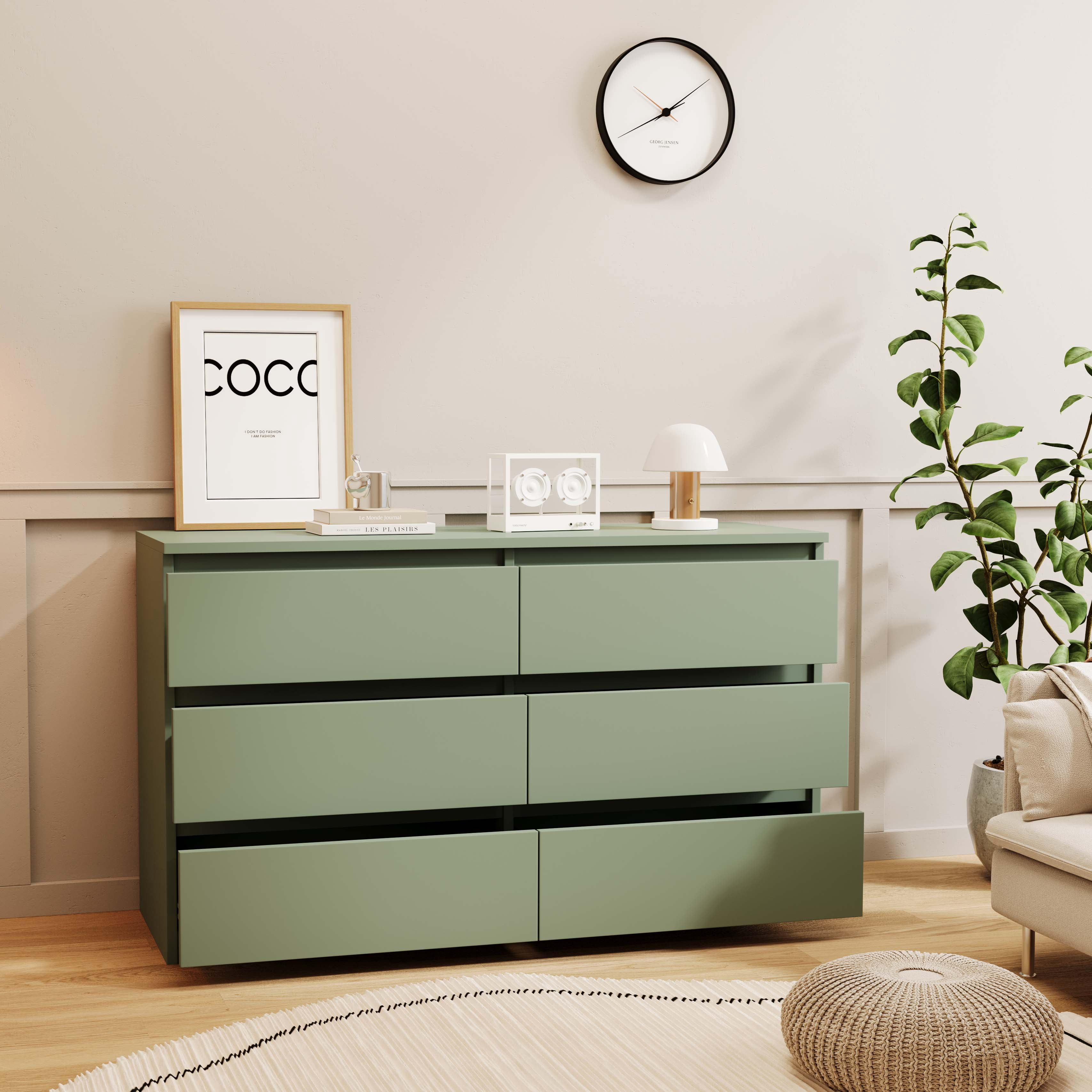 Aukfa Modern 6-Drawer Dresser Chest of Drawers Storage Cabinet for Bedroom Living Room, Green
