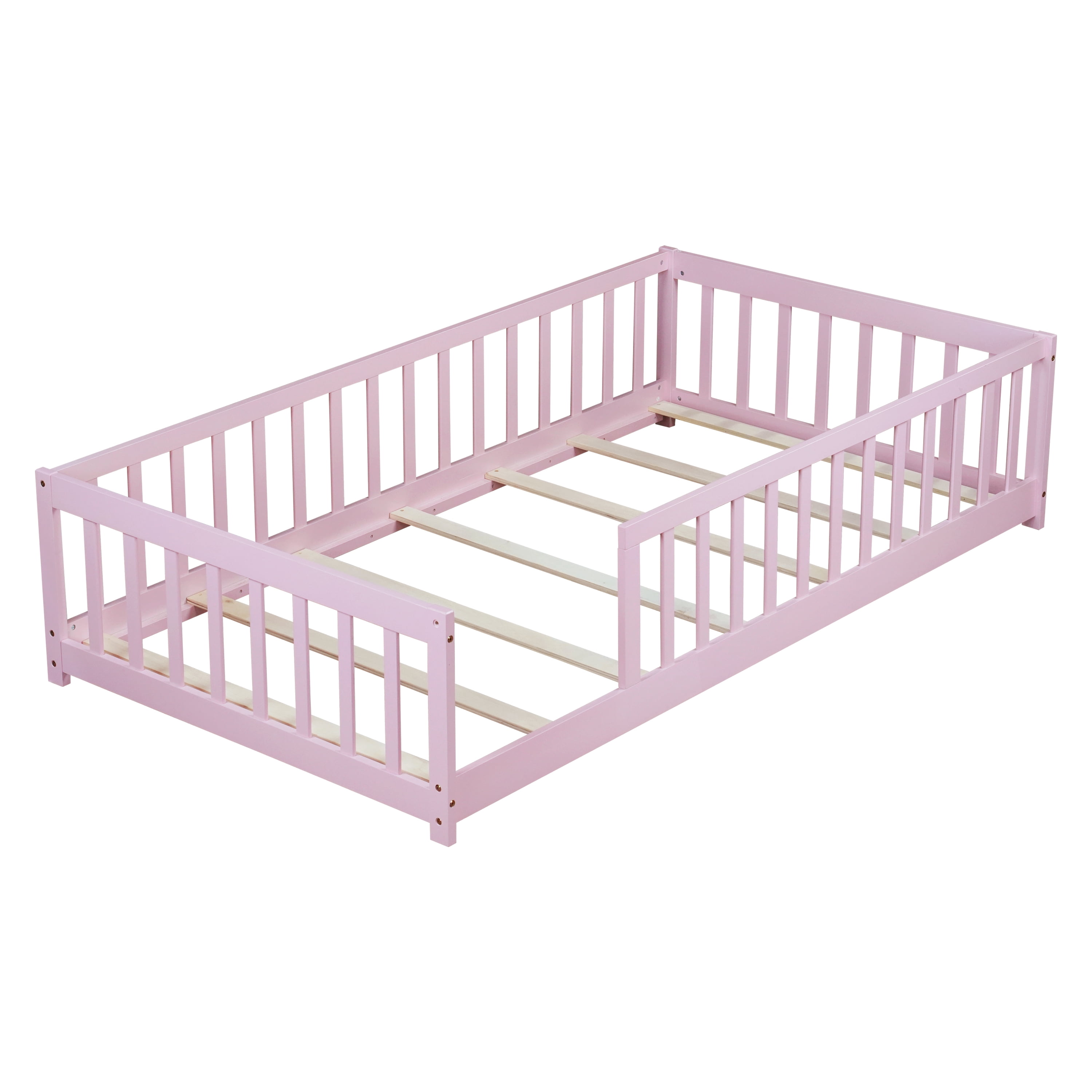 Twin Size Rubber Wood Floor Bed with Full Surround Safety Fence, No-Door Kids Platform Bed with 7 Wood Slats Holds 250LBS Fits ≤6 Inch Mattress